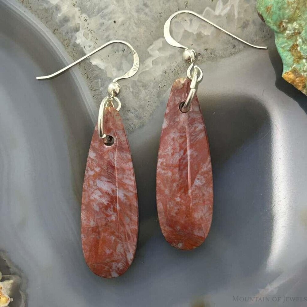 Sterling Silver Teardrop Plum Moss Agate Slab Dangle Earrings For Women #534